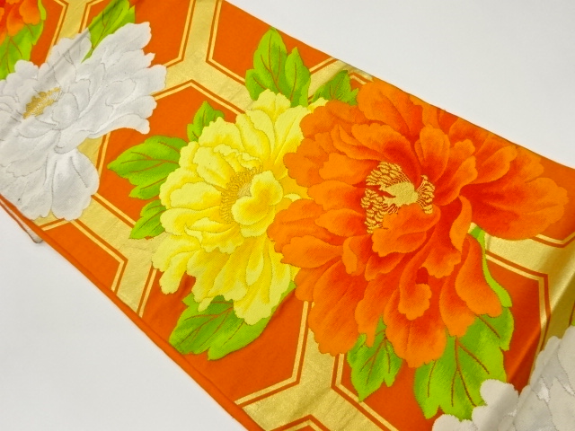 牡丹に亀甲模様織出し袋帯